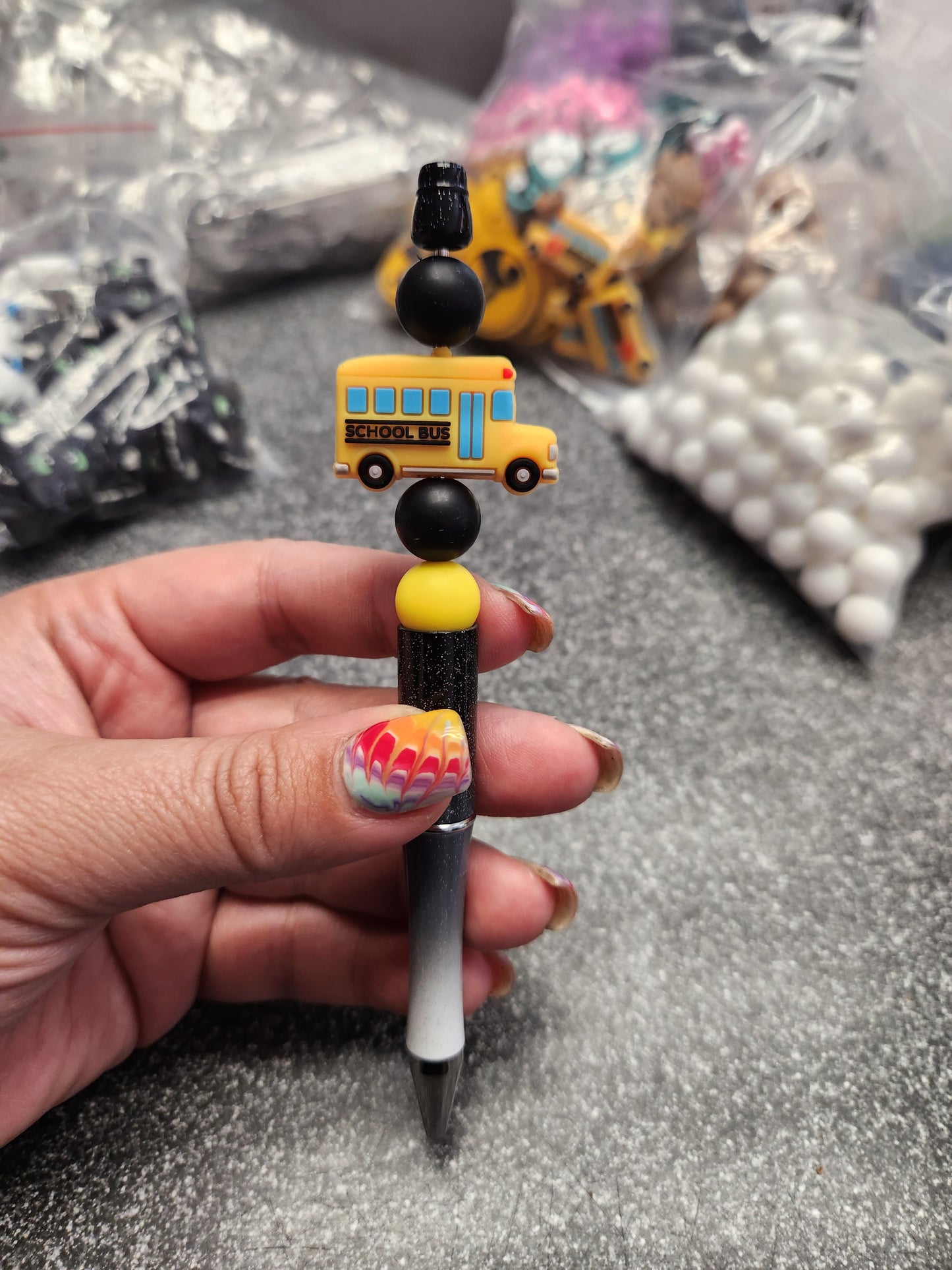 School Bus 2 Silicone Beaded Pen or Keychain